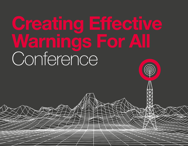 Graphic with 'Creating Effective Warnings for All Conference' text in red, overlaid on a grey background