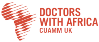 Logo graphic for Doctors with Africa CUAMM UK in red text and a stylised line drawing of Africa on the left.