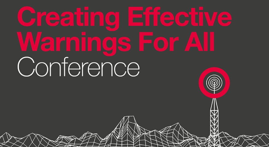 Graphic with 'Creating Effective Warnings for All Conference' text in red, overlaid on a grey background