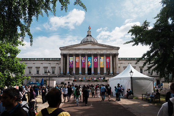 UCL welcome banner hanging from the UCL portico building.