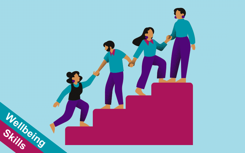 Animated image of students helping each other up a set of stairs