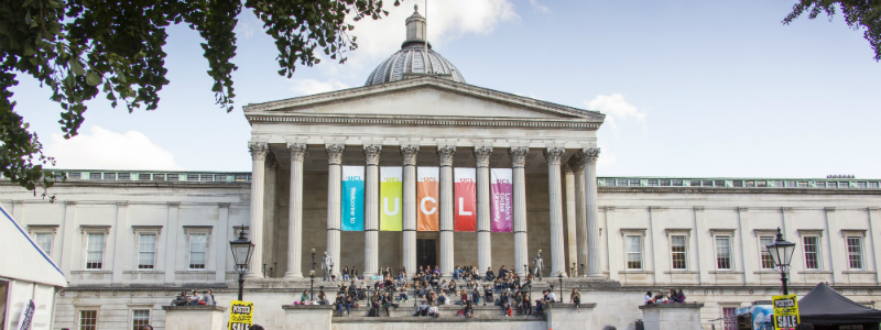 A wide angle photograph of the UCL Portico building.