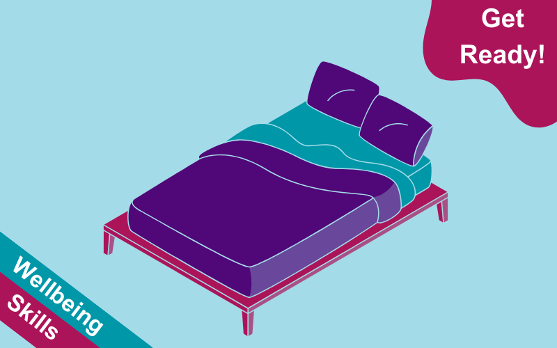 Drawing of a bed on a blue background