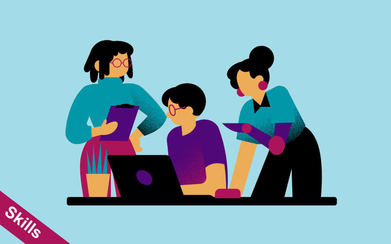 Animated image of staff members helping a student working on a laptop