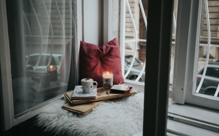 Hot chocolate, candle, fluffy rug