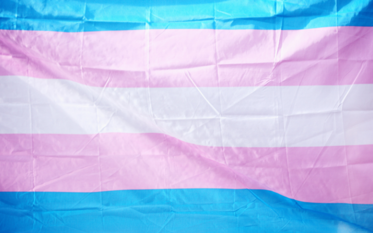 The trans flag, coloured white, blue and pink