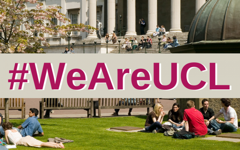 The UCL Front Quad busy with students relaxing and talking, with '#WeAreUCL' overlaid