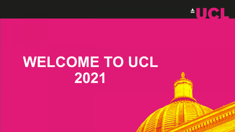 The text 'Welcome to UCL 2021' on a pink background
