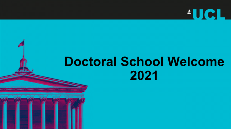 blue background with the text doctoral school welcome 2021