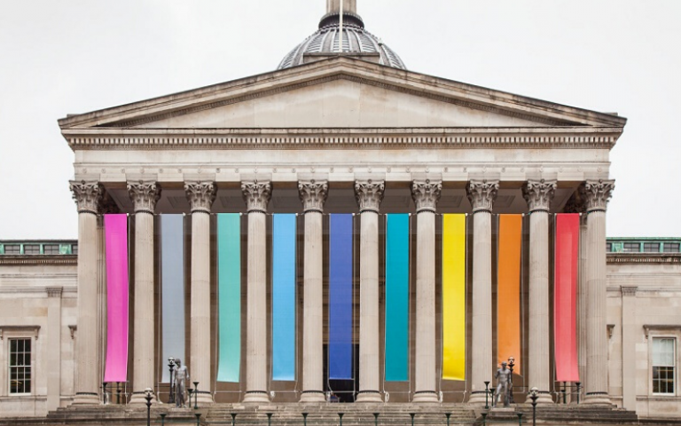 LGBT rainbow flag on the Portico building