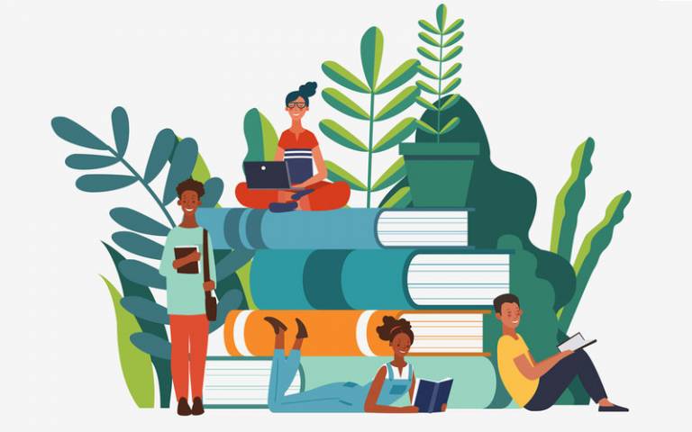 illustration of four people studying. They are sitting on giant books with big plants growing around them 