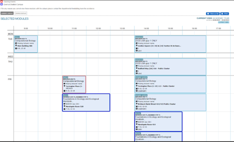 Image of timetable showing clashes and UCL East modules 