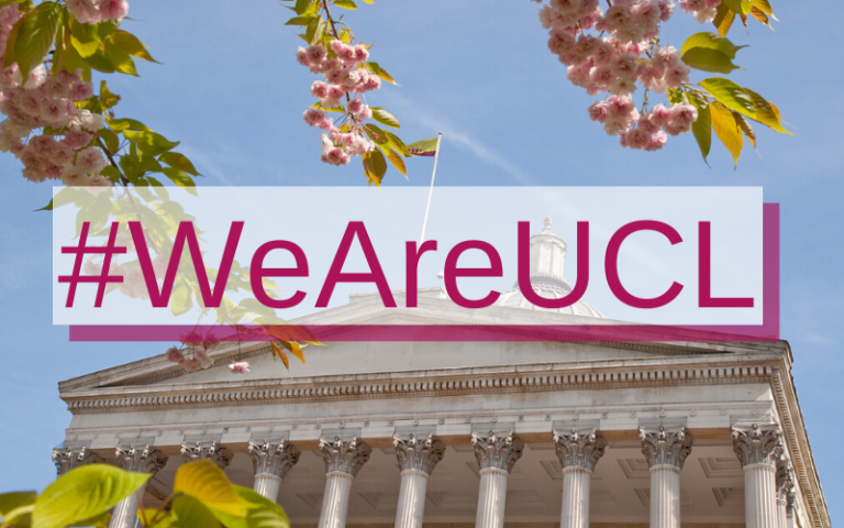 UCL Portico building with #WeAreUCL logo on top