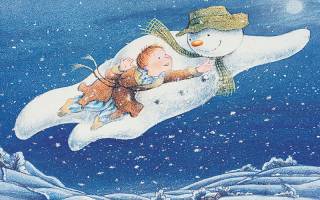 animated snowman and a little boy flying through the air in the snow