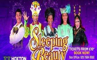 poster for sleeping beauty the pantomime with four characters over the words sleeping beauty. 
