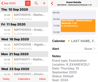 Your Apple Calendar now has all your exams as shown below (Agenda view). Tapping on each event will show exam details (exam name, date, time, location and seat):