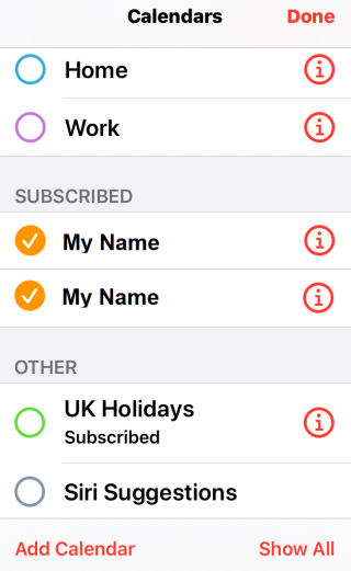 •	Tap on Calendar icon, tap on Calendars at the bottom of the screen to bring up Calendar list: •	Look up calendars names the same under SUBSCRIBED heading. If you have duplicate entries you will see something like this – My Name is listed twice: