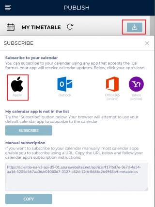 Subscribe to exam timetable on Apple device If you have an Apple device you can subscribe to exam timetable using Apple Calendar. It is quick and easy. When in exam timetable view use Subscribe icon and select Apple, and click Subscribe