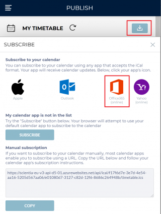 When in exam timetable view use Subscribe icon and select Office365 (online), and click Subscribe.
