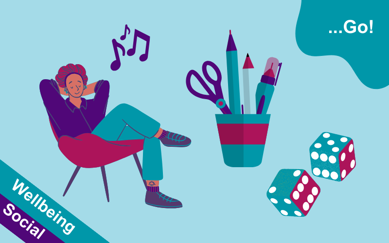 Drawing of person sitting, crafting materials and 2 dice
