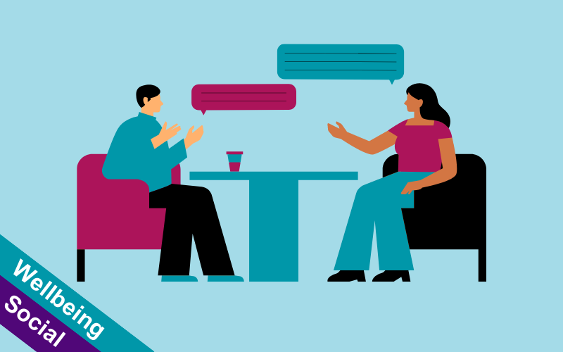 Animated image of student and staff member talking over a table