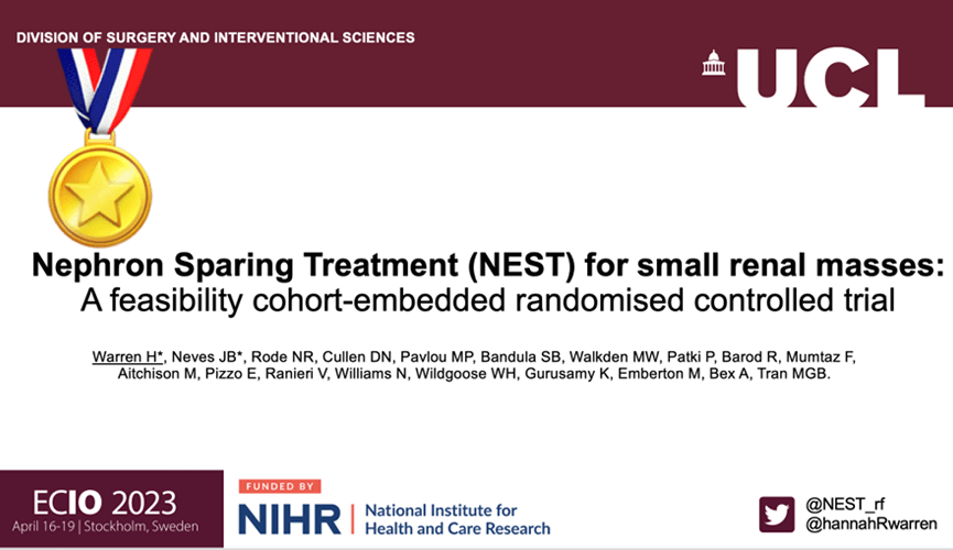 Slide poster with a gold medal. Title reads: "Nephron Sparing Treatment (NEST) for small renal masses: A feasibility cohort-embedded randomised controlled trial" together with author names, the conference logo (ECIO 2023) and funder logo (NIHR)