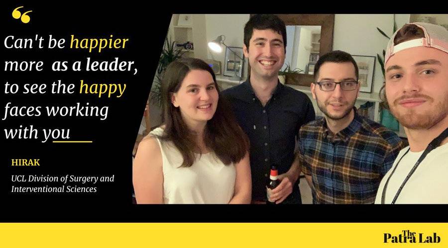 Promotional banner for the Patra Lab. Selfie of students with motivational quote: "Can't be happier as a leader to see the happy faces working with you."