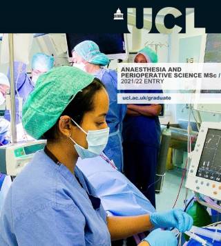 Woman in surgical gowns with monitoring equipment. Cover of MSc Anaesthesia document.
