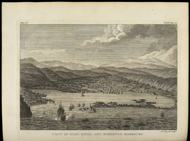 Illustration of the view of Port Royal and Kingston Harbour