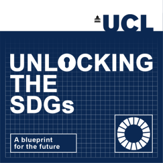 "Unlocking the SDGs" in a white font on a blue grid background.
