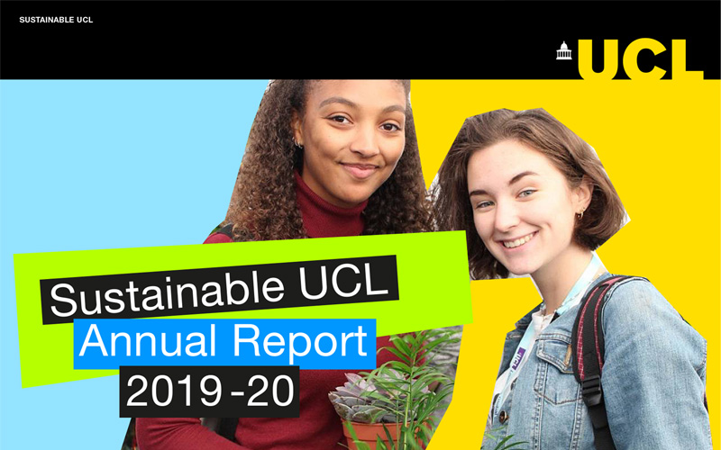 Two female students holding a plant with the words UCL's Annual Sustainability Report 2019-20