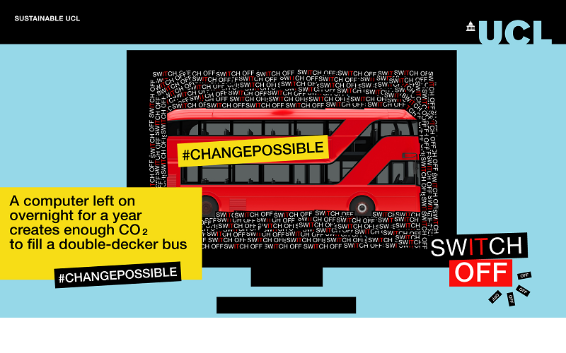 Computer Screen with a red bus and text that reads 'A computer left on overnight for a year creates enough CO2 to fill a double-decker bus