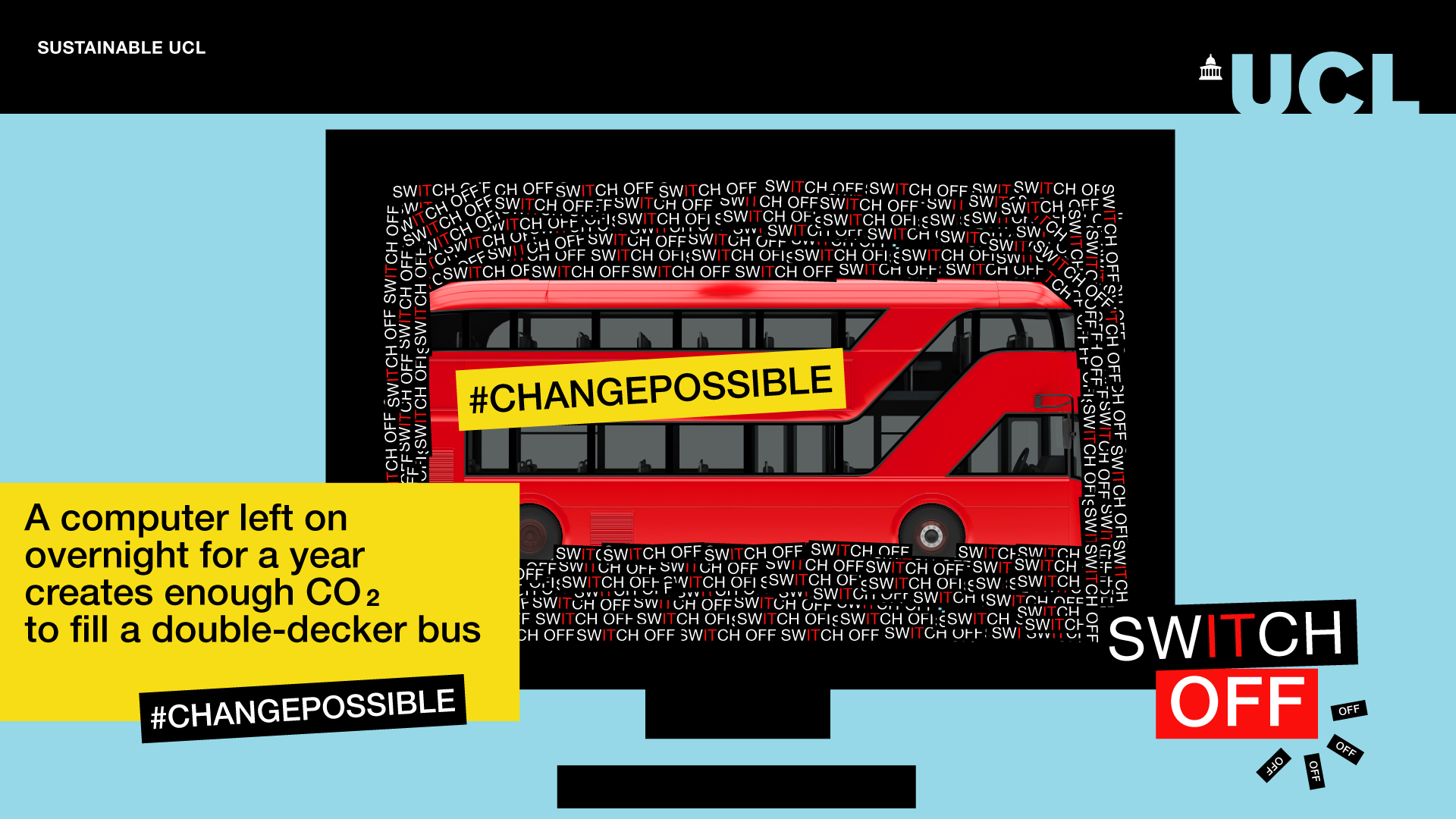 Bus on a computer screen with text reading: a computer left on overnight for a year creates enough CO2 to fill a double-decker bus