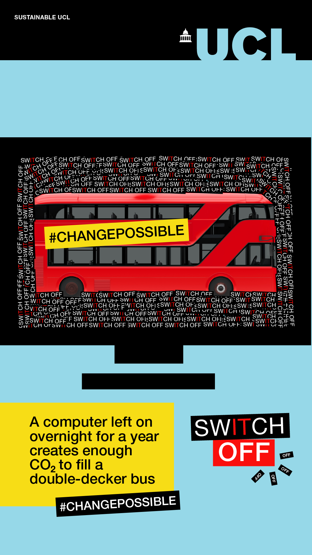 Image of a bus on a computer screen, text reads: a computer left on overnight for a year creates enough CO2 to fill a double-decker bus