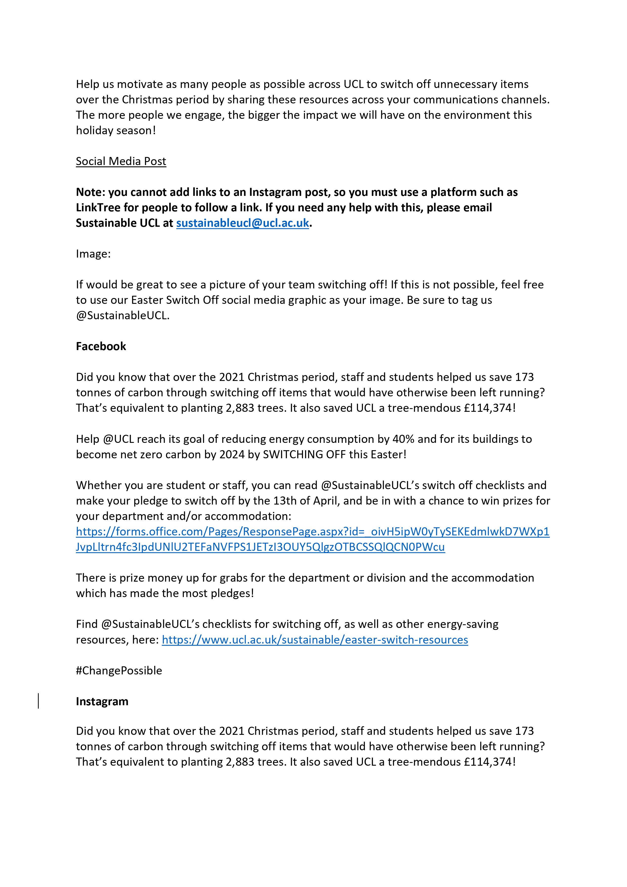 Screenshot of the social media and email copy document