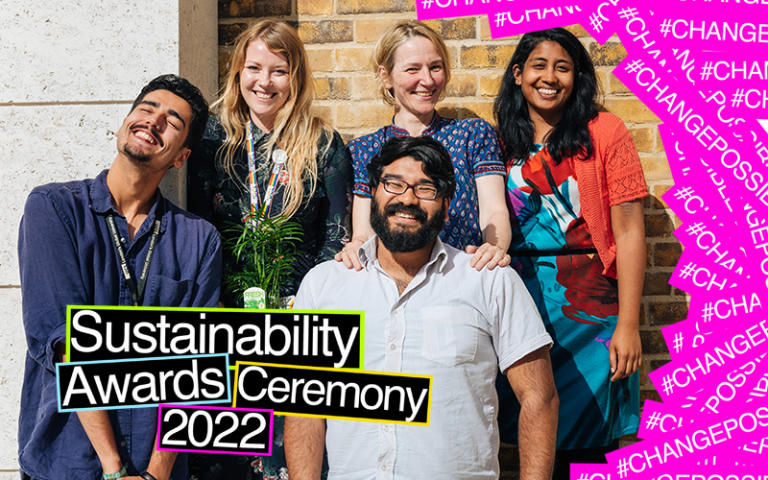 Smiling Group of Staff with their plant and text that reads 'Sustainability Awards Ceremony 2022'