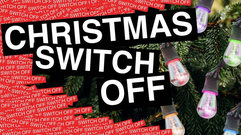 Christmas tree with lights, covered with text reading 'Christmas Switch Off'