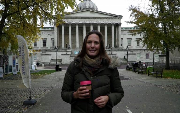 Image of Helen Czerski in front of the UCL portico