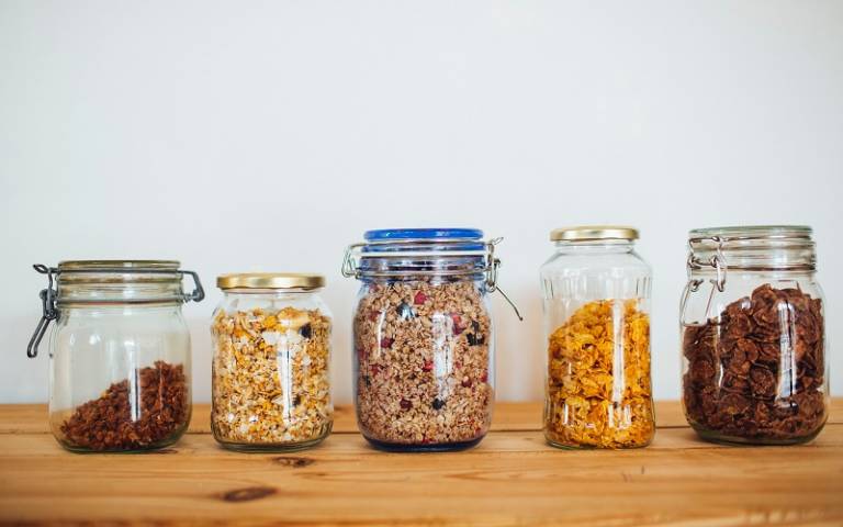 Breakfast ingredients in glass jars