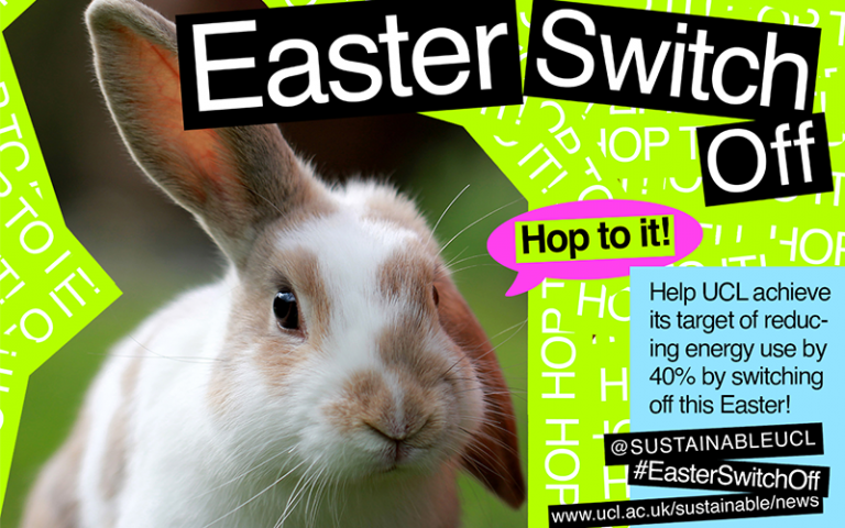 A bunny that says "hop to it" with the "Easter Switch Off" banner at the top 