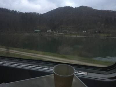 Slovenia Breakfast scene with mountains out of the train window 