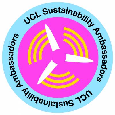 Picture of badge with Sustainability Awards on the outside, and a wind turbine propeller in the centre.