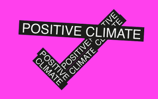 Pink background with black tick that reads positive climate
