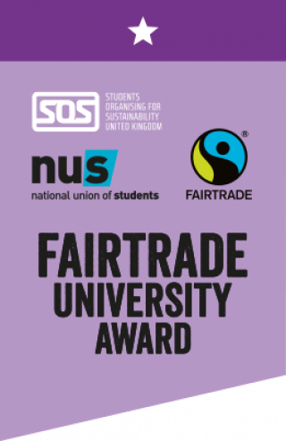 Purple sign showing one star Fairtrade University Award