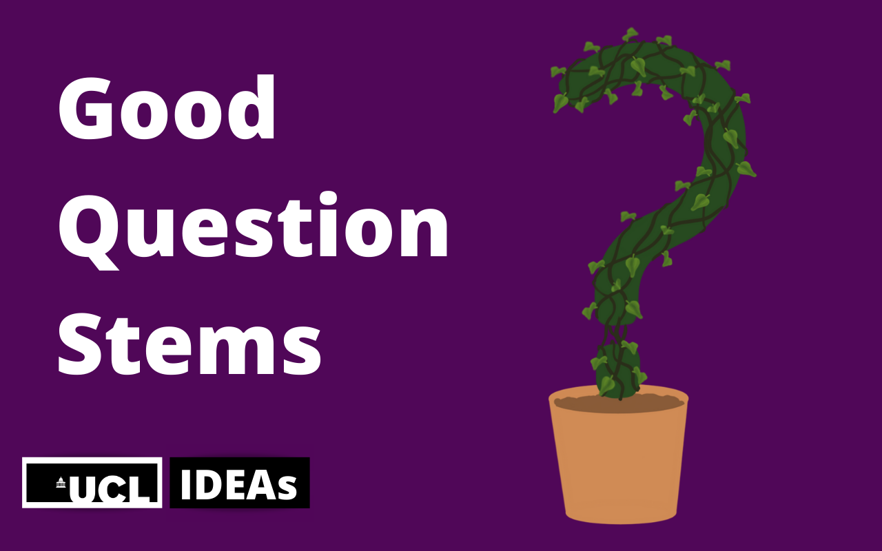 Image of a plant in the shape of question mark with the text: Good question stems