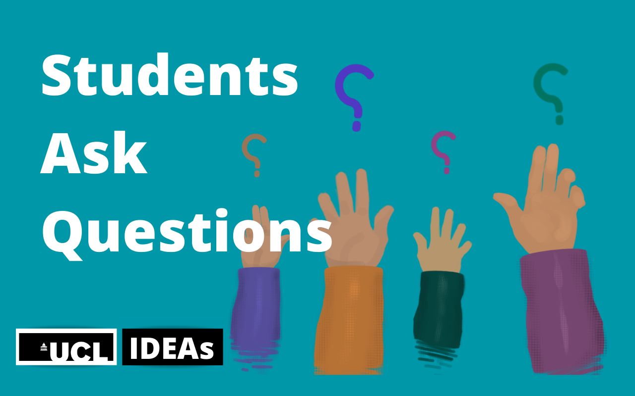 Cartoon image of hands up with text: Students ask questions