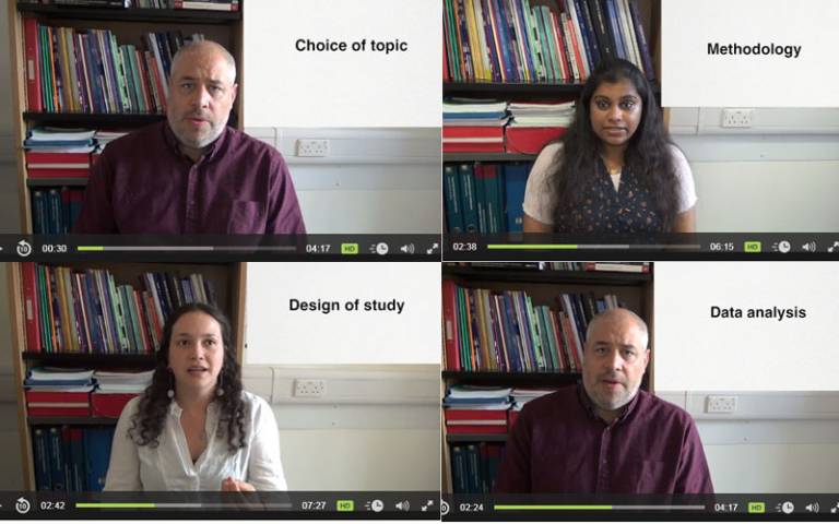 A collection of still from a video of UCL alumni giving advice about research and dissertation planning