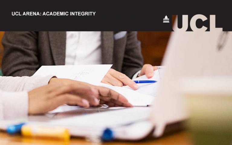 UCL Arena event image for academic integrity. A picture of people looking at a document