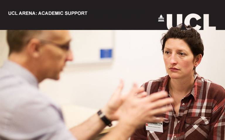 UCL Arena event image for academic support. A picture of a student talking to a tutor