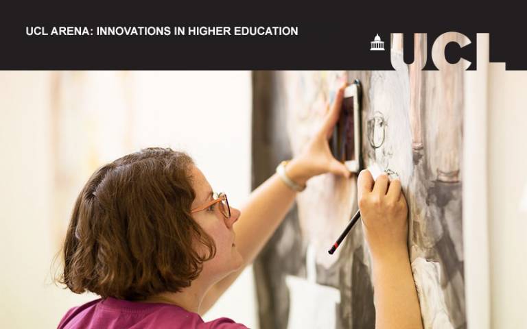 UCL Arena event image for higher education innovations. A picture of someone drawing while looking at a mobile phone